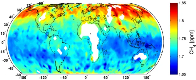 Fig. 8. Methane global distribution expressed in averaged vmr (ppm) and interpolated on a 4 ◦ × 4 ◦ grid containing nadir measurements from 4 to 10 October 2008