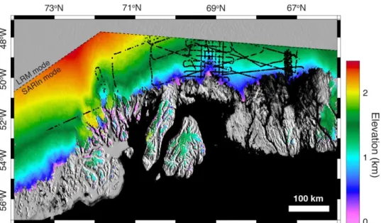 Figure 9. Location of the collocated swath-OIB (Operation Ice Bridge) measurements. EOLIS (Ele- (Ele-vation Over Land Ice from Swath) DEM along the west coast of the Greenland Ice Sheet overlaid  over the MEaSUREs MODIS (Moderate Resolution Imaging Spectro
