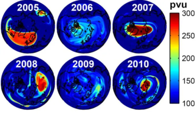 Fig. 7. Maps of potential vorticity (1 PV units (pvu)) = 10 −6 km 2 kg −1 s −1 ) calculated from ECMWF data on 15 March 2005–2010 at 675 K