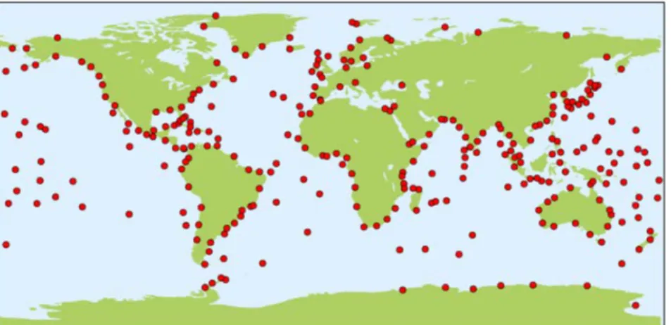 Figure 1. Geographical representation of GLOSS-GCN stations. 