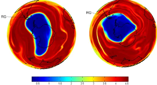 Fig. 10. Polar orthographic projection of ozone volume mixing ratio (in ppmv) at 500 K calculated by MIMOSA-CHIM
