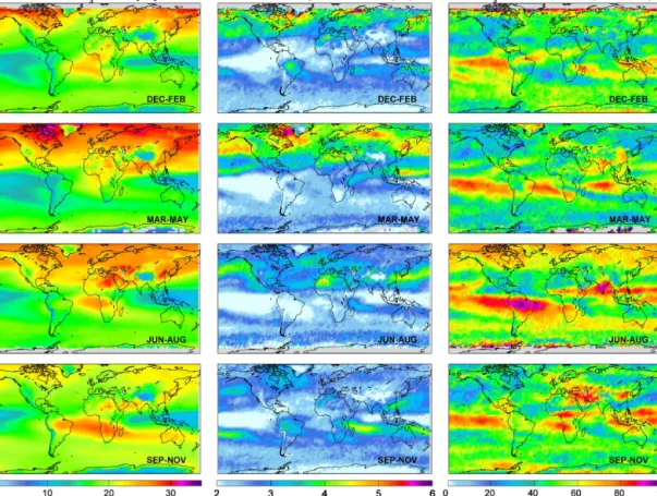 Figure 1. Seasonal distribution of O 3 tropospheric columns (in DU, integrated from ground to 300 hPa) measured by IASI and averaged over January 2008–May 2017 (a), of the RMSE of the regression fits (in DU, b) and of the fraction of the variation in IASI 