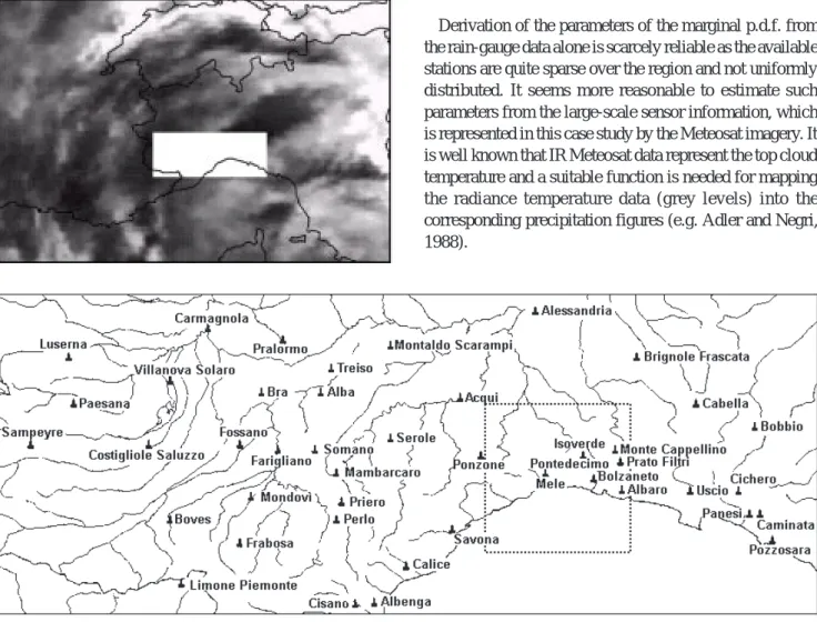 Fig. 4. Location of the study area and distribution of the available rain gauges. The dotted square denotes the area where downscaling is applied.