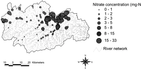 Fig. 1. Map of average nitrate concentrations across the Tweed catchment (1994 to 2000)