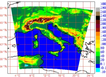 Fig. 2. Integration domain used for the simulations at 7 km of hori- hori-zontal resolution (top panel) and at 2.8 km of horihori-zontal resolution (bottom panel).