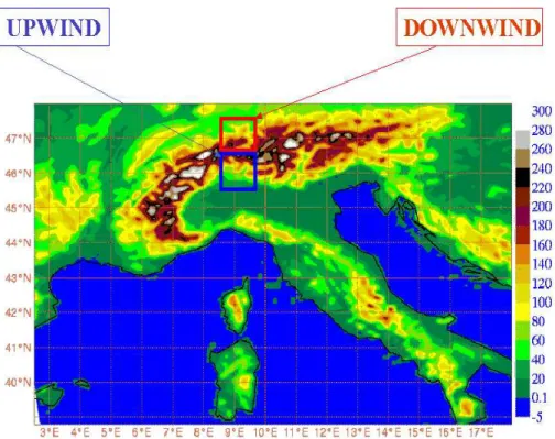 Fig. 10. Location of the two considered boxes of 1 degree x 1 degree, one in the downwind area (red) and the other in the upwind area (blue), over the orography field in decameters.