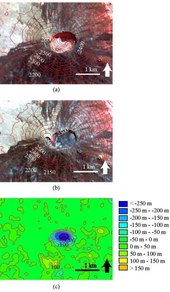 Figure 3. ASTER DEMs observed before and after the collapse of Dolomieu Crater. (a) ASTER VNIR image with 50 m contours observed on May 6, 2007 (after eruption), (b) ASTER VNIR image with 50 m contours observed on June 8, 2005 (before eruption), and (c) DE