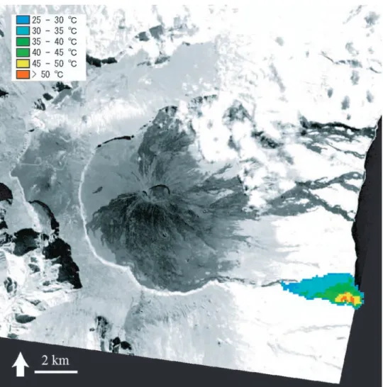 Figure 6. Color-coded surface temperature anomalies that has more than 25°C derived from nighttime ASTER TIR band 13 observed on May 4, 2007