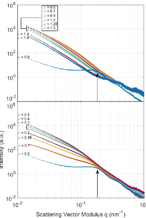 Figure 11: Intensity versus reciprocal vector magnitude in the transverse direction plotted  for different strain levels (lower panel  0    0.5  , upper panel  0.6    1.9 )
