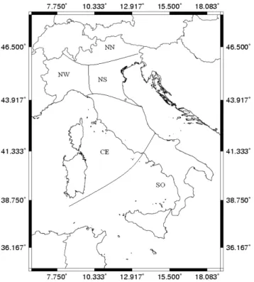 Fig. 1. Division of Italy in the five precipitation climatologi- climatologi-cal regions as obtained by PCA analysis by Brunetti et al