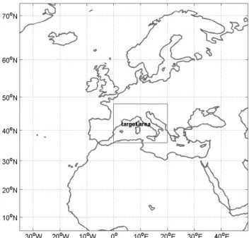 Fig. 2. The domain used for tracking the centres of depressions associated with “intense” precipitation over Italy