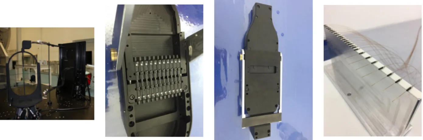 Figure 8. Photos of the parts and assemblies related to the fiber system: 24 (Left) The SpS-side fiber cable system, (middle-left) the inside of the large-format custom-made fiber connector assembly (“Tower connector”) to be installed on the telescope spid