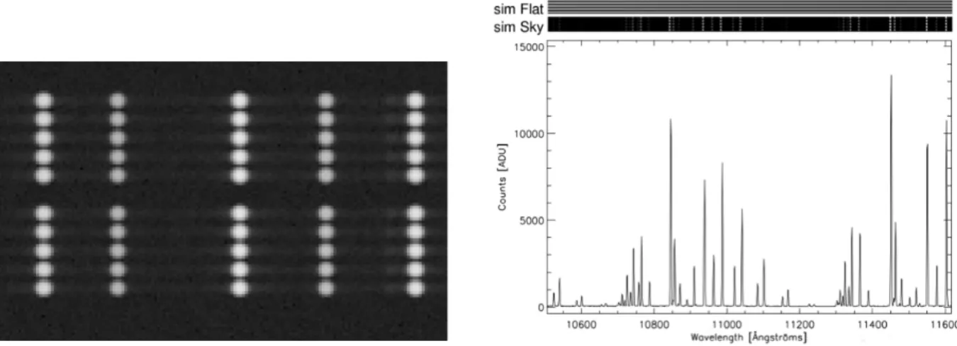 Figure 10. Examples of simulated images and spectra for the 2D-DRP development: a few Neon and Argon lines on the left, and OH night-sky lines on the right.
