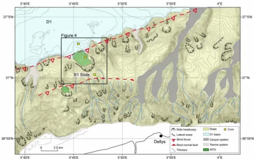 Figure 2: Histograms showing the main morphometric parameters of the 25 slides: (a) water depth; (b) run-out distance; (c) slide scar width; (d)  head-scarp height; (e) slope within the scar area; (f) initial slope; (g) surface area  and (h) volume