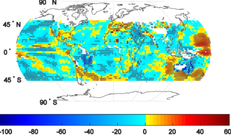 Figure 1. Tendencies of model-computed downward surface solar radiation anomalies (changes in  surface solar radiation (SSR), in W m −2 ) during the period 2001–2009