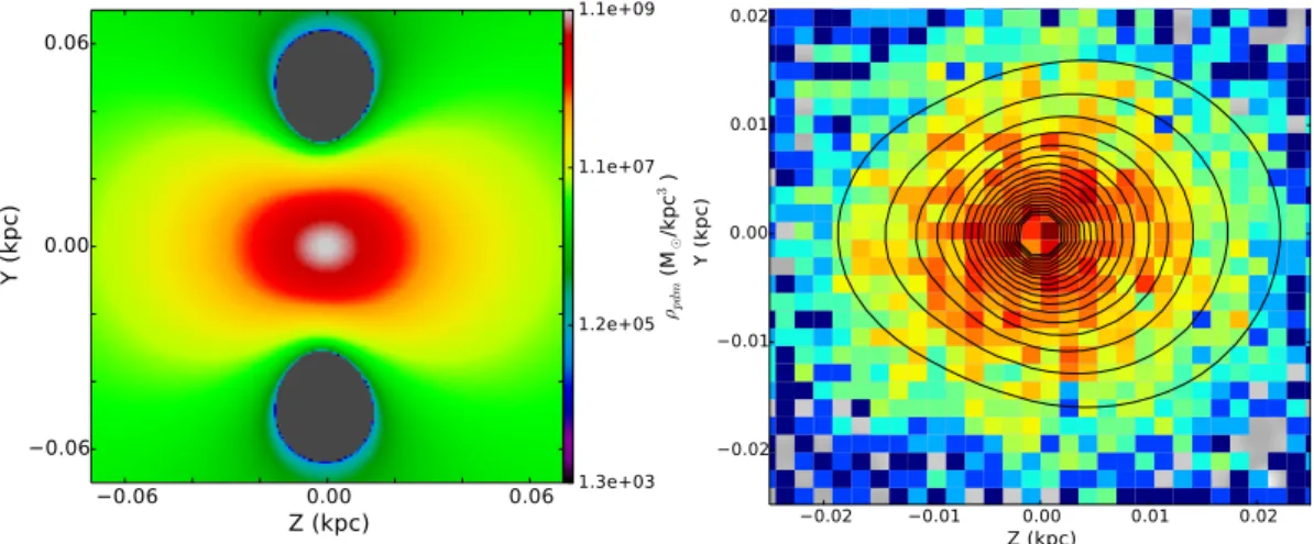 Fig. 4. Left panel: cut through the density of PDM around a Pal 5-like Plummer progenitor at 14 kpc from the Galactic center