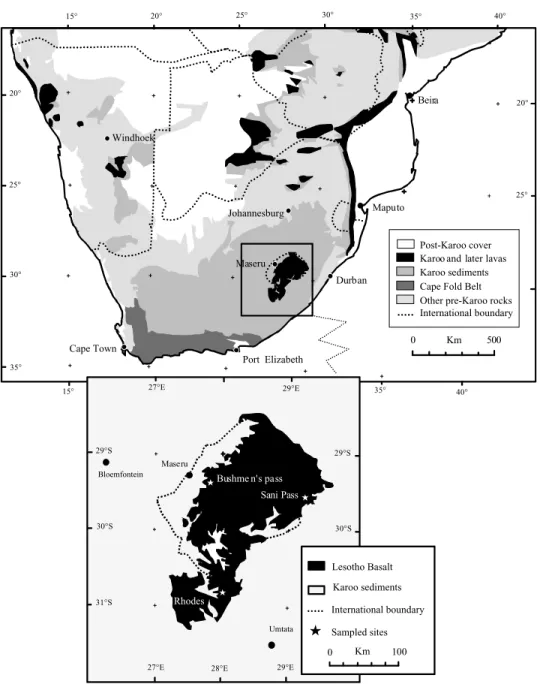 Figure 2. The three main sampling localities of the Lesotho reversal. Maps redrawn from Kosterov &amp; Perrin (1996).