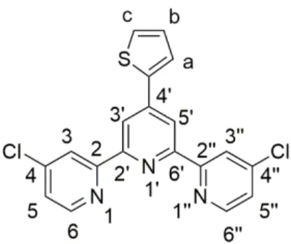Figure 1. Structure and atom numbering of 4,4′′-dichloro-4′-(2-thienyl)-2,2′:6′,2′′-terpyridine (1)