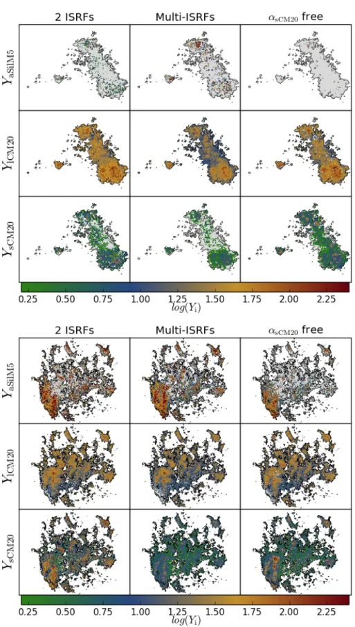 Fig. 6. Parameter maps from THEMIS fits of Y aSilM5 , Y lCM20 , and Y sCM20 (first, second, and third rows, respectively) for the two-ISRF, multi-ISRF, and α sCM20 free (first, second, and third column) models