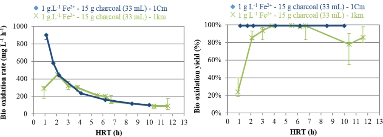 Figure 5: Ferrous iron bio-oxidation at various HRT in 1Km and 1Cm media in the  presence of 15 g of activated charcoal