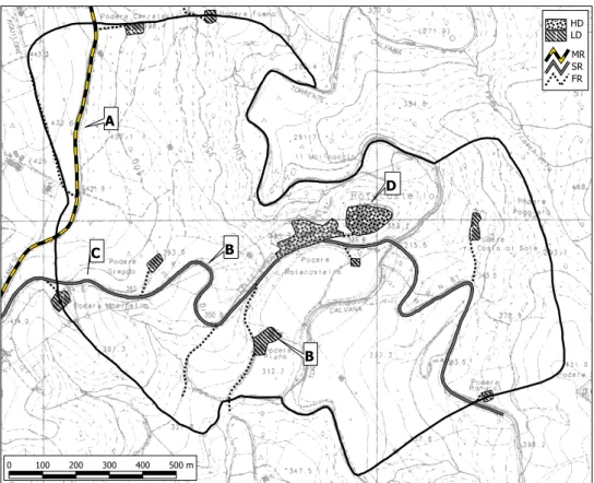 Fig. 7. Rotecastello, central Umbria. Map of the elements at risk. Legend (see Table 4): HD, built-up areas with a high population density;