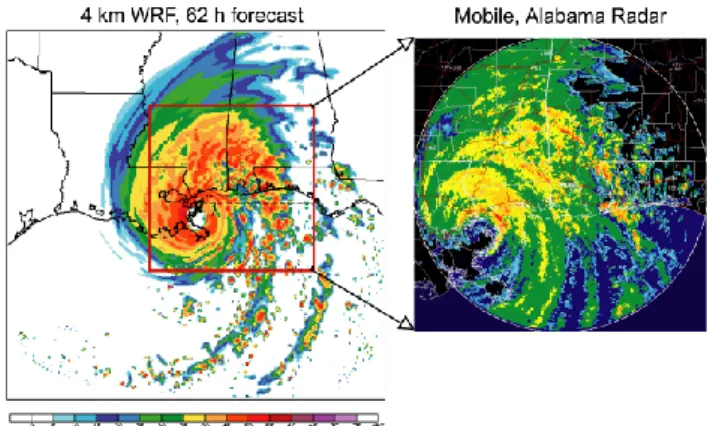 Fig. 6. Track forecasts for Hurricane Katrina from a number of models initialized at 00:00 UTC on 26 August 2005 (86 h prior to landfall – left panel) and at 00:00 UTC on 27 August 2005 (62 h prior to landfall – right panel)