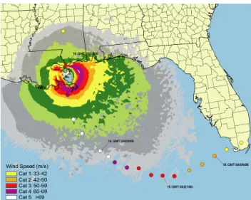 Fig. 8. Surface winds in the 4 km nested moving grid forecast at landfall 62 h after initialization at 00:00 UTC on 27 August 2005.