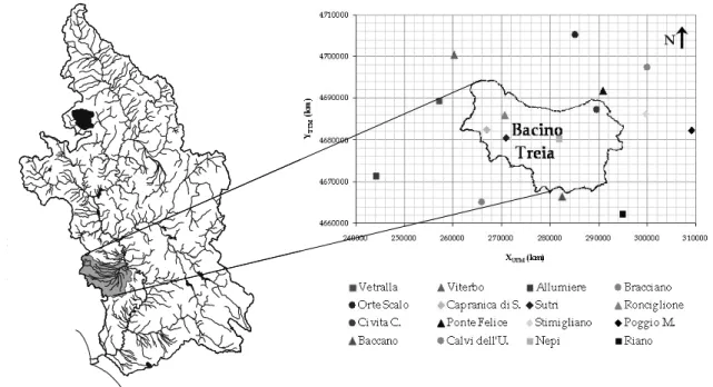 Fig. 2. In the left the Tiber river basin is represented. It is also marked the Treja River that is a right tributary of the Tiber River