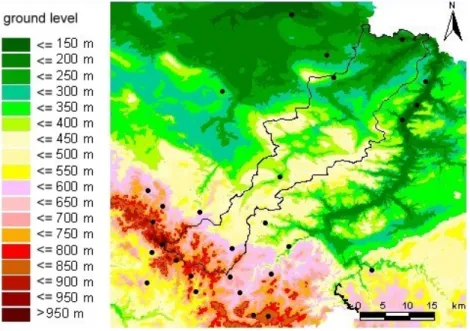 Fig. 1  Ground level and selected stations (•) with catchment boundary of the Ilm (-)  