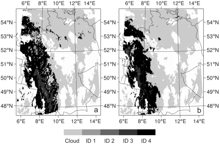 Fig. 4. Result of the new process-oriented differentiation scheme (ACT plus RADS-N) (a) in comparison to the result of the radar network (b) for 31 May 2004 00.45 UTC.