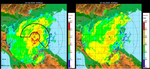 Figure 4. 10/12/2003 16:00 UTC. Reflectivity map without (on the left) and with VPR  reconstruction (on the right)