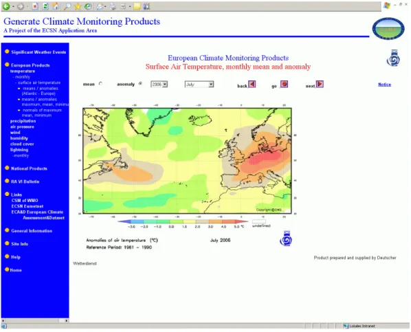 Figure 1. Browser snapshot of the GCMP system displaying the monthly mean near-surface air temperature anomalies for July 2006 relative to the 1961–1990 base period