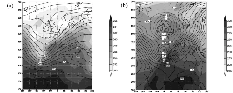 Fig. 4. Temperature (shaded, in K) and geopotential (black lines, in gpm) at (a) 500 hPa level (geopotential dam), (b) 1000 hPa level.