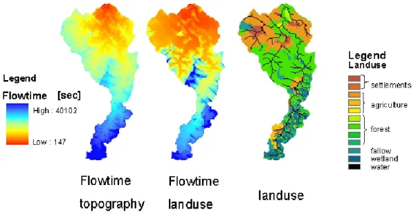 Fig. 5. Flow times of two different modeling approaches (TANALYSIS; empirical functions according to Dyck (1983)) as well as the land use distribution in at the test site.