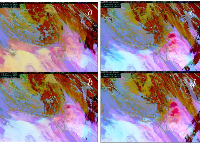 Figure 4. Clouds and dust over East Mediterranean Sea (area 1) and Israel (area 2). Panel  a  is  from March 9  2006 6:00 GMT,  b  8:00 GMT,  c  11:00 GMT, and  d  13:00 GMT