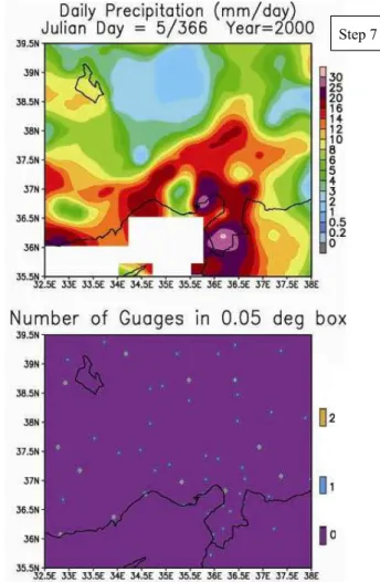 Figure 4. Upper panel: A sample daily gauge-based analysis for 21 January 2000 (0200–0200 