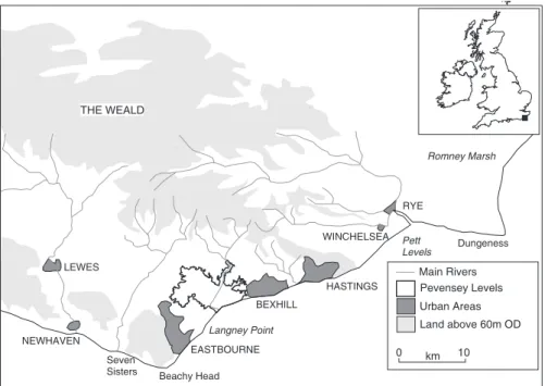 Fig. 1. Location map showing the the Pevensey Levels wetland, including the wetland boundary, defined by the 5-m contour, major channels and the area of the wetland on which the work in this paper focuses