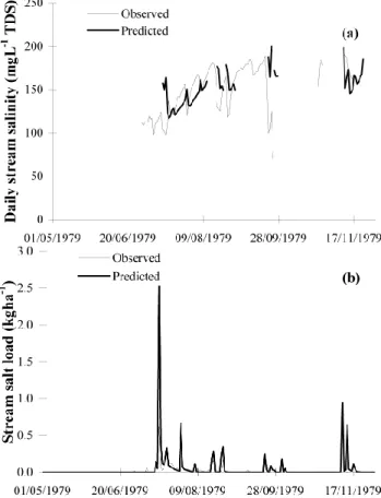 Fig. 9. Actual and predicted stream (a) salinity and (b) salt load for 1996 – Ernies catchment.