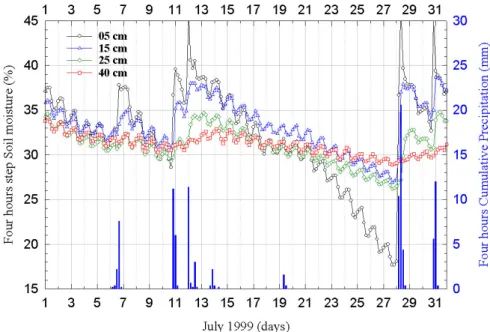 Fig. 2a. Four-hour soil water content trend at 5, 15, 25, 40 cm depths during July 1999; the bars represent the four-hour cumulative precipitation.