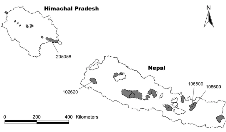 Fig. 1. Location of catchments in the calibration (n=26, shaded) and evaluation (n=13, non-shaded) data sets