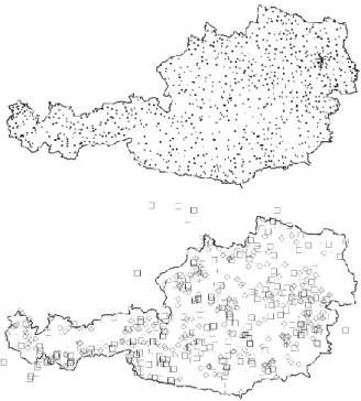 Fig. 1. Network of measurement stations in Austria used in this paper. Precipitation gauges (top); centroids of gauged catchments (bottom) (small catchments shown as plusses, medium sized  catch-ments as diamonds, large catchcatch-ments as squares).