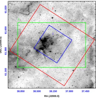 Figure 1. The DSS2-R image of the IC 1805 Hii region. The area covered by X-ray, optical and Spitzer-IRAC observations are shown with blue, green and red colours, respectively (also marked as ‘1’, ‘2’ and ‘3’).