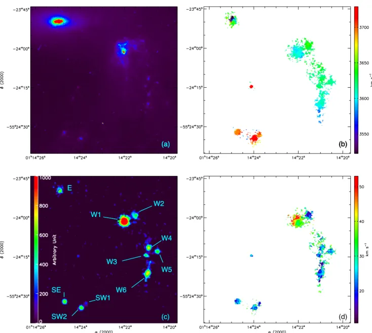 Figure 4. (a) HST F450W image of the NGC 454 system (Stiavelli et al. 1998), (b) 2D velocity field of Hα emission, centred on the NGC 454 systemic velocity, (c) monochromatic Hα map, and (d) Hα velocity dispersion map, corrected from broadening.