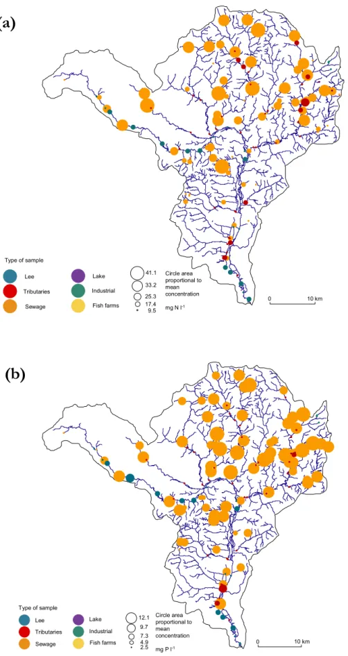 Fig. 2. Regional maps showing average concentrations of (a) nitrogen and (b) orthophosphate phosphorus