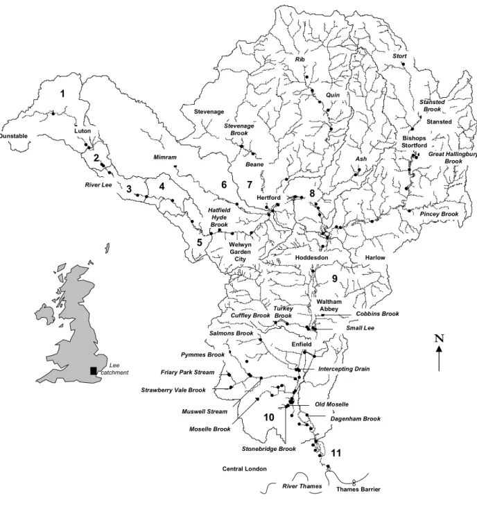 Fig. 1. The river Lee catchment. Numbers in bold refer to River Lee subcatchments. Filled circles indicate river sampling locations.