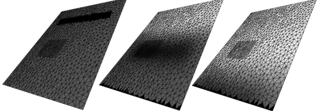 Fig. 4. Water flow on a triangulated irregular mesh describing an inclined plane. The three images show the soil moisture (white = dry, black