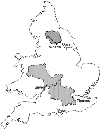 Fig 5. Map of England and Wales showing the locations of the Thames, Severn and Ouse catchments