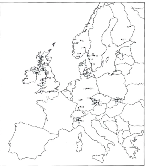 Fig. 1. Sites used in European trend assessment. Site numbers correspond to those in Appendix 1
