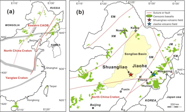 Figure 1. (a) A sketch map showing the tectonic framework and the distribution of Cenozoic basalts in eastern China