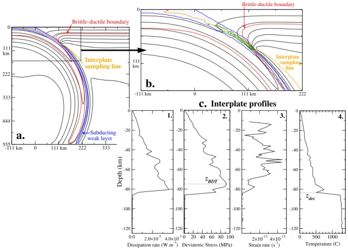 Fig. 3. (a) Simulation S13 (rheology C13, 100-Myr-old subducting lithosphere, Table 2), 16 Myr after subduction initiation